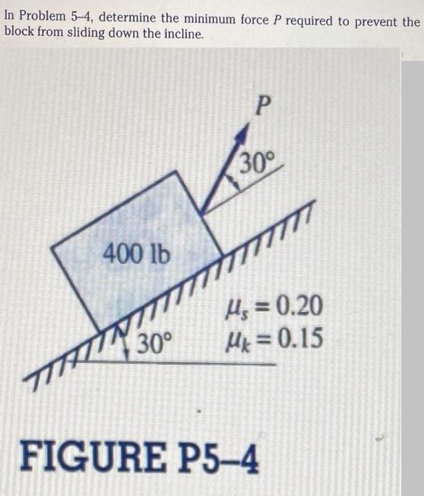 In Problem 5-4, determine the minimum force P required to prevent the
block from sliding down the incline.
400 lb
30°
777
TIRIIN
44
P
30°
T
μg=0.20
H = 0.15
FIGURE P5-4