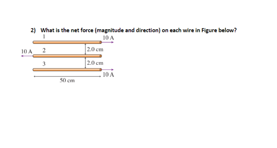 2) What is the net force (magnitude and direction) on each wire in Figure below?
1
10 A
10 A
2
3
50 cm
2.0 cm
2.0 cm
10 A