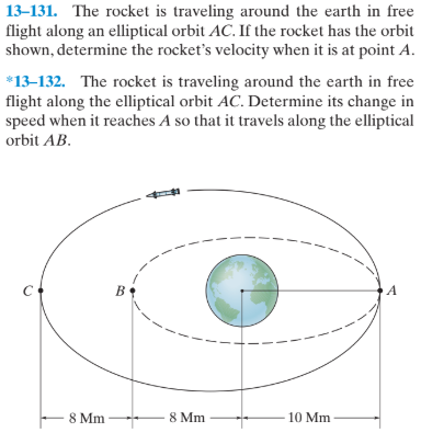 13–131. The rocket is traveling around the earth in free
flight along an elliptical orbit AC. If the rocket has the orbit
shown, determine the rocket's velocity when it is at point A.
*13-132. The rocket is traveling around the earth in free
flight along the elliptical orbit AC. Determine its change in
speed when it reaches A so that it travels along the elliptical
orbit AB.
B
8 Mm
8 Mm
10 Mm
