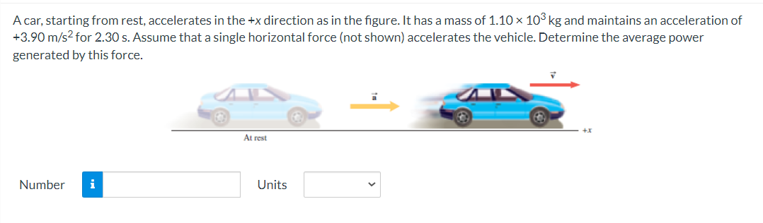 A car, starting from rest, accelerates in the +x direction as in the figure. It has a mass of 1.10 × 10³ kg and maintains an acceleration of
+3.90 m/s² for 2.30 s. Assume that a single horizontal force (not shown) accelerates the vehicle. Determine the average power
generated by this force.
Number
i
At rest
Units
