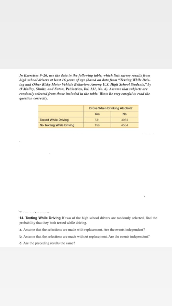 In Exercises 9-20, use the data in the following table, which lists survey results from
high school drivers at least 16 years of age (based on data from "Texting While Driv-
ing and Other Risky Motor Vehicle Behaviors Among U.S. High School Students," by
O'Malley, Shults, and Eaton, Pediatrics, Vol. 131, No. 6). Assume that subjects are
randomly selected from those included in the table. Hint: Be very careful to read the
question correctly.
Texted While Driving
No Texting While Driving
Drove When Drinking Alcohol?
No
Yes
731
156
3054
4564
14. Texting While Driving If two of the high school drivers are randomly selected, find the
probability that they both texted while driv
a. Assume that the selections are made with replacement. Are the events independent?
b. Assume that the selections are made without replacement. Are the events independent?
c. Are the preceding results the same?