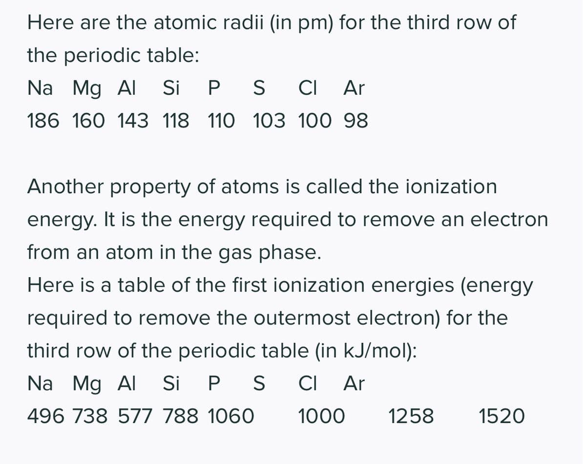 Here are the atomic radii (in pm) for the third row of
the periodic table:
Na Mg Al Si P S CI Ar
186 160 143 118 110 103 100 98
Another property of atoms is called the ionization
energy. It is the energy required to remove an electron
from an atom in the gas phase.
Here is a table of the first ionization energies (energy
required to remove the outermost electron) for the
third row of the periodic table (in kJ/mol):
Na Mg Al Si P S CI Ar
496 738 577 788 1060
1000 1258
1520
