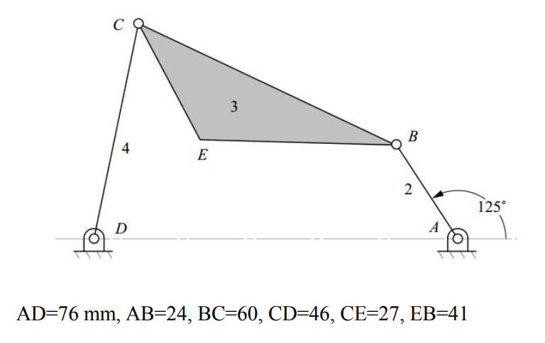 C
3
В
4
E
125°
D
A
AD=76 mm, AB=24, BC=60, CD=46, CE=27, EB=41
