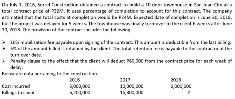 On July 1, 2016, Sorrel Construction obtained a contract to build a 10-door townhouse in San Juan City at a
total contract price of P32M. It uses percentage of completion to account for this contract. The company
estimated that the total costs at completion would be P24M. Expected date of completion is June 30, 2018,
but the project was delayed for 5 weeks. The townhouse was finally turn-over to the client 6 weeks after June
30, 2018. The provision of the contract includes the following:
10% mobilization fee payable upon signing of the contract. This amount is deductible from the last billing.
5% of the amount billed is retained by the client. The total retention fee is payable to the contractor at the
turn-over date.
Penalty clause to the effect that the client will deduct P60,000 from the contract price for each week of
delay.
Below are data pertaining to the construction:
2016
2017
2018
6,000,000
6,200,000
Cost Incurred
6,000,000
12,000,000
16,800,000
Billings to client
?
