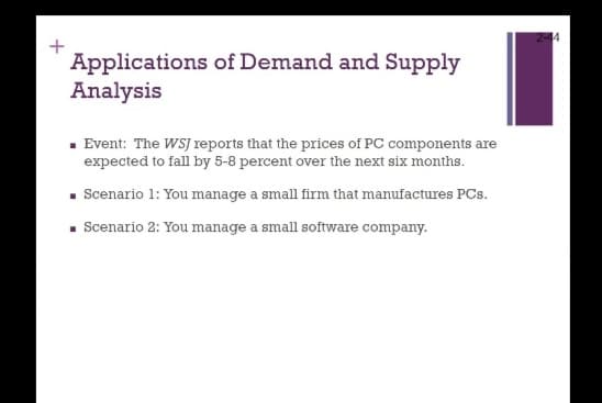 2-44
Applications of Demand and Supply
Analysis
· Event: The WSJ reports that the prices of PC components are
expected to fall by 5-8 percent over the next six months.
Scenario 1: You manage a small firm that manufactures PCs.
•. Scenario 2: You manage a small software company.
