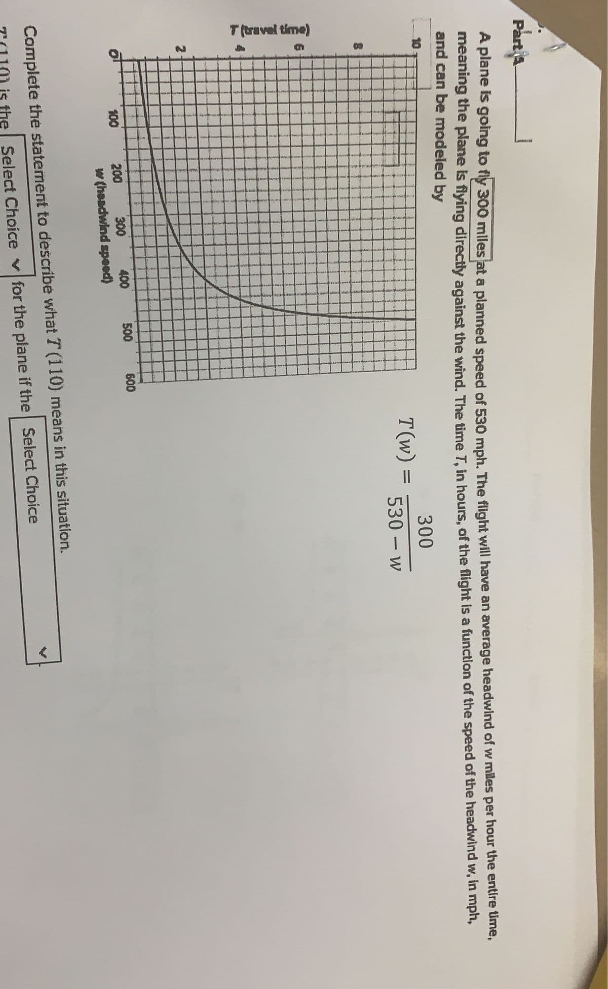 Partia
A plane is going to fly 300 miles at a planned speed of 530 mph. The flight will have an average headwind of w milles per hour the entire time,
meaning the plane is flying directly against the wind. The time 7, in hours, of the flight is a function of the speed of the headwind w, in mph,
and can be modeled by
10
T (travel time)
8
6
4
2
100
200
300
400
w (headwind speed)
500
600
T(w) =
300
530 - w
Complete the statement to describe what T (110) means in this situation.
is the Select Choice for the plane if the Select Choice