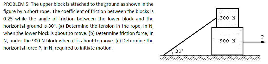PROBLEM 5: The upper block is attached to the ground as shown in the
figure by a short rope. The coefficient of friction between the blocks is
0.25 while the angle of friction between the lower block and the
horizontal ground is 30°. (a) Determine the tension in the rope, in N,
when the lower block is about to move. (b) Determine friction force, in
N, under the 900 N block when it is about to move. (c) Determine the
horizontal force P, in N, required to initiate motion.
300 N
P
900 N
30°