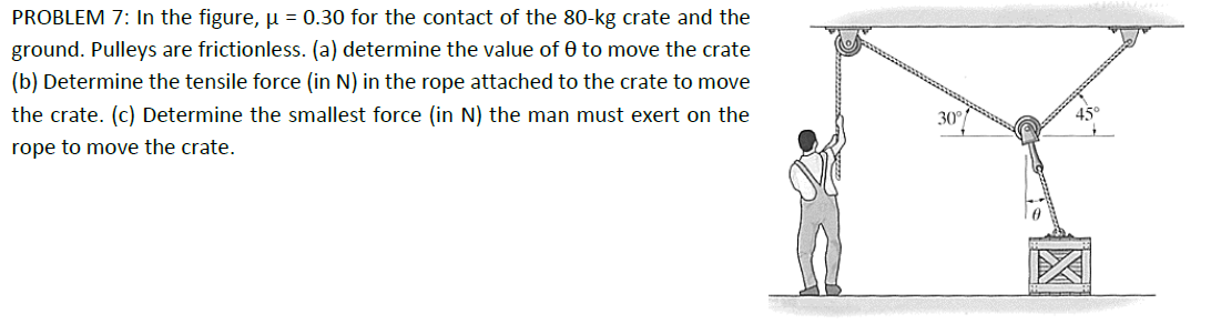 PROBLEM 7: In the figure, µ = 0.30 for the contact of the 80-kg crate and the
ground. Pulleys are frictionless. (a) determine the value of 0 to move the crate
(b) Determine the tensile force (in N) in the rope attached to the crate to move
the crate. (c) Determine the smallest force (in N) the man must exert on the
rope to move the crate.
30°/
45°