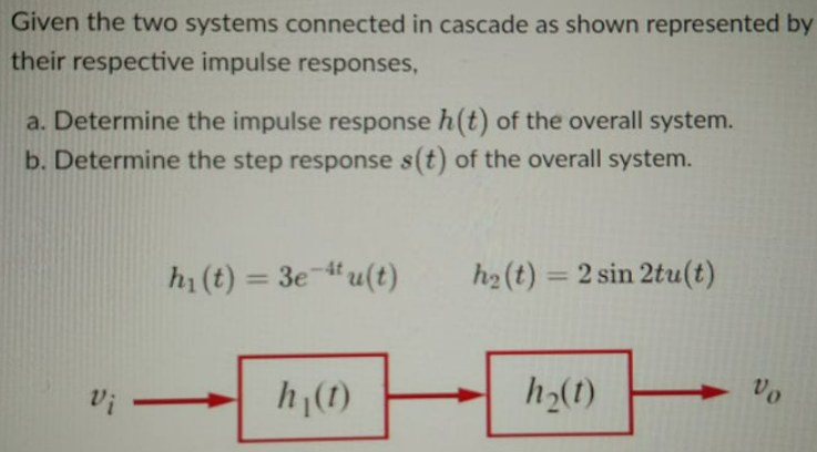 Given the two systems connected in cascade as shown represented by
their respective impulse responses,
a. Determine the impulse response h(t) of the overall system.
b. Determine the step response s(t) of the overall system.
h2(t) = 2 sin 2tu(t)
%3D
h1 (t) = 3e-" u(t)
%3D
vo
h (1)
h2(1)
Vi
