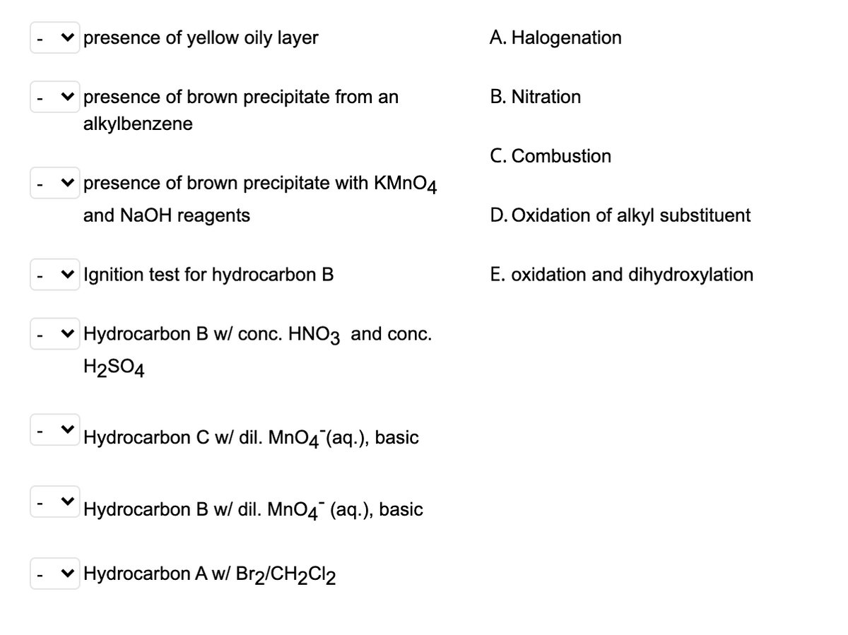 presence of yellow oily layer
A. Halogenation
presence of brown precipitate from an
alkylbenzene
B. Nitration
C. Combustion
v presence of brown precipitate with KMNO4
and NaOH reagents
D. Oxidation of alkyl substituent
v Ignition test for hydrocarbon B
E. oxidation and dihydroxylation
v Hydrocarbon B w/ conc. HNO3 and conc.
H2SO4
Hydrocarbon C w/ dil. MnO4 (aq.), basic
Hydrocarbon B w/ dil. Mn04" (aq.), basic
v Hydrocarbon A w/ Br2/CH2CI2
