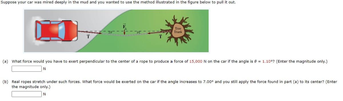 Suppose your car was mired deeply in the mud and you wanted to use the method illustrated in the figure below to pull it out.
TO
- OT
Tree
****
Trunk
(a) What force would you have to exert perpendicular to the center of a rope to produce a force of 15,000 N on the car if the angle is 8 = 1.10°? (Enter the magnitude only.)
N
(b) Real ropes stretch under such forces. What force would be exerted on the car if the angle increases to 7.00° and you still apply the force found in part (a) to its center? (Enter
the magnitude only.)
N