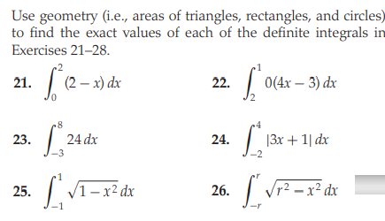 Use geometry (i.e., areas of triangles, rectangles, and circles)
to find the exact values of each of the definite integrals in
Exercises 21-28.
(2 – x) dx
| 0(4x – 3) dx
21.
22.
23.
24 dx
24.
|3х + 1| dx
| V1-x² dx
Vr2 – x² dx
25.
26.
-1
