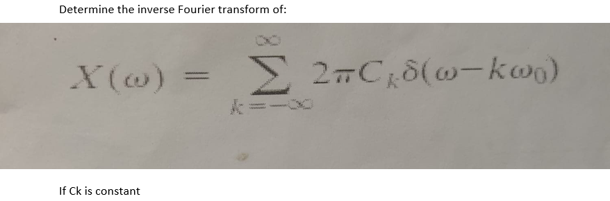 Determine the inverse Fourier transform of:
X(w)
If Ck is constant
wwwwwww
27C 8(w-kwo)