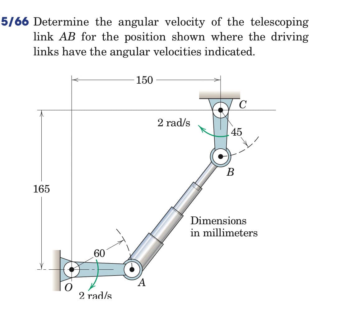 5/66 Determine the angular velocity of the telescoping
link AB for the position shown where the driving
links have the angular velocities indicated.
165
60
2 rad/s
150
A
2 rad/s
C
45
B
Dimensions
in millimeters