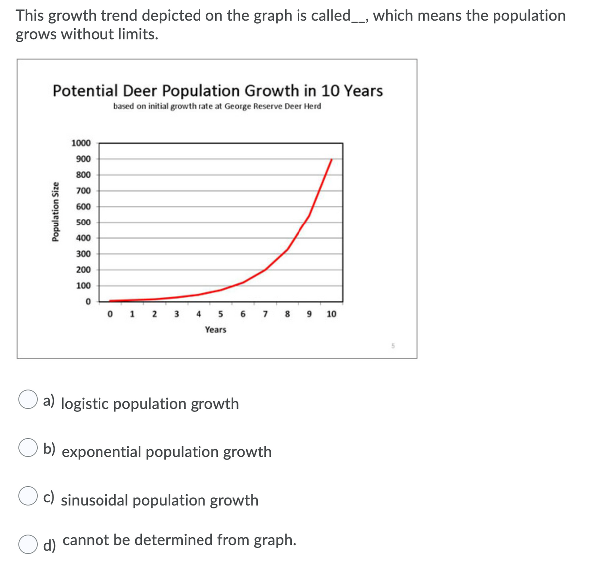 This growth trend depicted on the graph is called_, which means the population
grows without limits.
Potential Deer Population Growth in 10 Years
based on initial growth rate at George Reserve Deer Herd
1000
900
800
700
600
500
400
300
200
100
1
2
4
5
6
7
10
Years
a) logistic population growth
b) exponential population growth
c) sinusoidal population growth
d)
cannot be determined from graph.
Population Size
