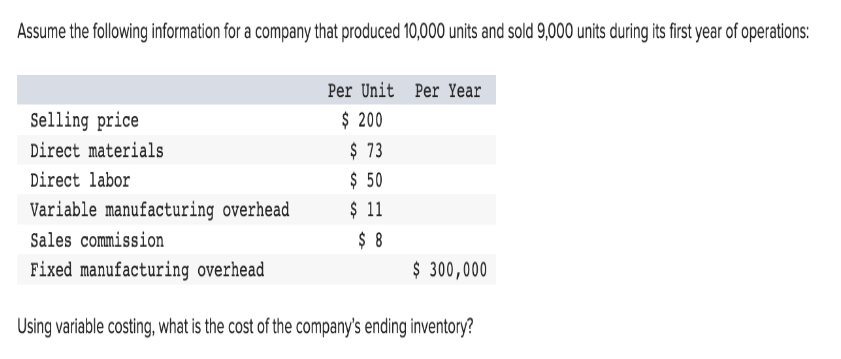 Assume the following information for a company that produced 10,000 units and sold 9,000 units during its first year of operations:
Selling price
Direct materials
Direct labor
Variable manufacturing overhead
Sales commission
Fixed manufacturing overhead
Per Unit Per Year
$ 200
$ 73
$ 50
$ 11
$ 8
$ 300,000
Using variable costing, what is the cost of the company's ending inventory?