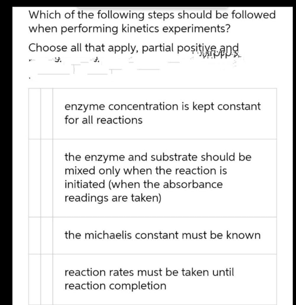 Which of the following steps should be followed
when performing kinetics experiments?
Choose all that apply, partial poșițive ang
3.
enzyme concentration is kept constant
for all reactions
the enzyme and substrate should be
mixed only when the reaction is
initiated (when the absorbance
readings are taken)
the michaelis constant must be known
reaction rates must be taken until
reaction completion
