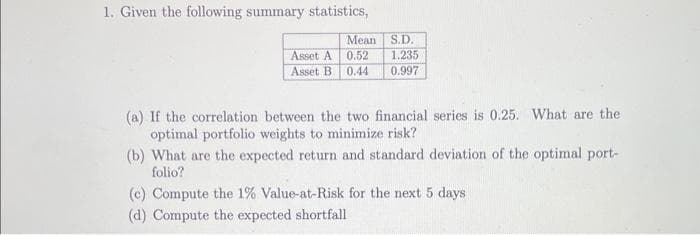1. Given the following summary statistics,
Mean S.D.
1.235
0.997
Asset A 0.52
Asset B. 0.44
(a) If the correlation between the two financial series is 0.25. What are the
optimal portfolio weights to minimize risk?
(b) What are the expected return and standard deviation of the optimal port-
folio?
(c) Compute the 1% Value-at-Risk for the next 5 days
(d) Compute the expected shortfall