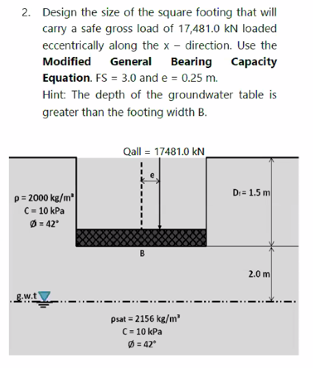 2. Design the size of the square footing that will
carry a safe gross load of 17,481.0 kN loaded
eccentrically along the x- direction. Use the
Modified General Bearing Capacity
Equation. FS = 3.0 and e = 0.25 m.
Hint: The depth of the groundwater table is
greater than the footing width B.
p=2000 kg/m²
C = 10 kPa
Ø = 42°
B.w.t
Qall = 17481.0 kN
B
psat = 2156 kg/m³
C = 10 kPa
Ø = 42°
D₁ 1.5 m
2.0 m