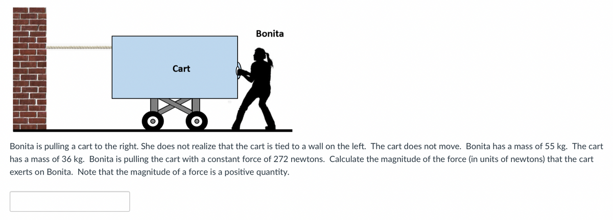 Bonita
Cart
Bonita is pulling a cart to the right. She does not realize that the cart is tied to a wall on the left. The cart does not move. Bonita has a mass of 55 kg. The cart
has a mass of 36 kg. Bonita is pulling the cart with a constant force of 272 newtons. Calculate the magnitude of the force (in units of newtons) that the cart
exerts on Bonita. Note that the magnitude of a force is a positive quantity.
