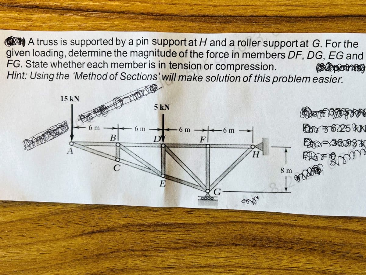 A truss is supported by a pin support at H and a roller support at G. For the
given loading, determine the magnitude of the force in members DF, DG, EG and
FG. State whether each member is in tension or compression.
Hint: Using the 'Method of Sections' will make solution of this problem easier.
(Sopoints)
Amato
15 kN
AMY
A
6 m
B
C
6 m
5 kN
DY
E
6 m
Ft
6 m
G-
H
orror
|
8 m
ODS OF சலி
6225KN
Ex6:-:36.28k
For
PROFO
m