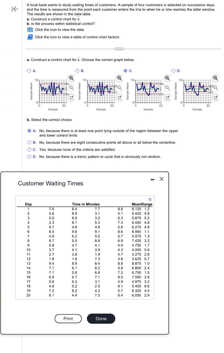 ↑
A local bank wants to study waiting times of customers. A sample of four customers is selected on successive days,
and the time is measured from the point each customer enters the line to when he or she reaches the teller window.
The results are shown in the data table.
a. Construct a control chart for x.
b. Is the process within statistical control?
Click the icon to view the data.
Click the icon to view a table of control chart factors.
a. Construct a control chart for x. Choose the correct graph below.
O A.
Day
1
2
3
4
4
5
6
b. Select the correct choice.
7
8
10-
9
10
11
12
13
14
www.a
Sample
15
16
17
18
19
20
Customer Waiting Times
Q
UCL
7.6
5.6
5.5
3.3
9.7
20
8.5
4.9
8.7
5.8
3.7
2.7
1.8
9.4
7.1
7.1
6.9
5.6
4.8
7.2
6.1
ⒸA. No, because there is at least one point lying outside of the region between the upper
and lower control limits.
OB. No, because there are eight consecutive points all above or all below the centerline.
OC. Yes, because none of the criteria are satisfied.
OD. No, because there is a trend, pattern or cycle that is obviously not random.
O B.
10
Print
Sample
Time in Minutes
8.4
8.9
8.5
8.1
4.8
9.6
6.2
5.5
4.7
4.1
3.8
1.6
8.9
6.1
5.8
6.7
6.3
5.2
8.2
4.4
7.7
3.1
3.2
5.3
4.8
9.1
5.5
8.6
4.1
3.9
1.9
7.3
8.4
8.2
6.8
7.1
3.1
2.5
4.2
7.3
Q
Done
8.8
4.1
6.3
7.3
5.8
8.6
5.7
6.9
4.4
4.3
4.7
3.8
8.8
OC.
5.8
7.3
9.5
4.9
9.1
5.7
6.4
10-
Sample
MeanRange
8.125 1.2
5.425 5.8
5.875 5.3
6.000 4.8
6.275 4.9
8.950 1.1
5.575 1.3
9.979 1.5
7.425 3.2
4.750 1.7
4.000 0.6
3.275 2.8
3.625 5.7
8.875 1.0
6.800 2.4
22
6.750 1.5
7.550 2.8
4.975 3.2
5.400 6.6
6.325 4.0
6.050 2.9
- X
OD.
10-
Sample
HUCLO
LCL
20
PQ