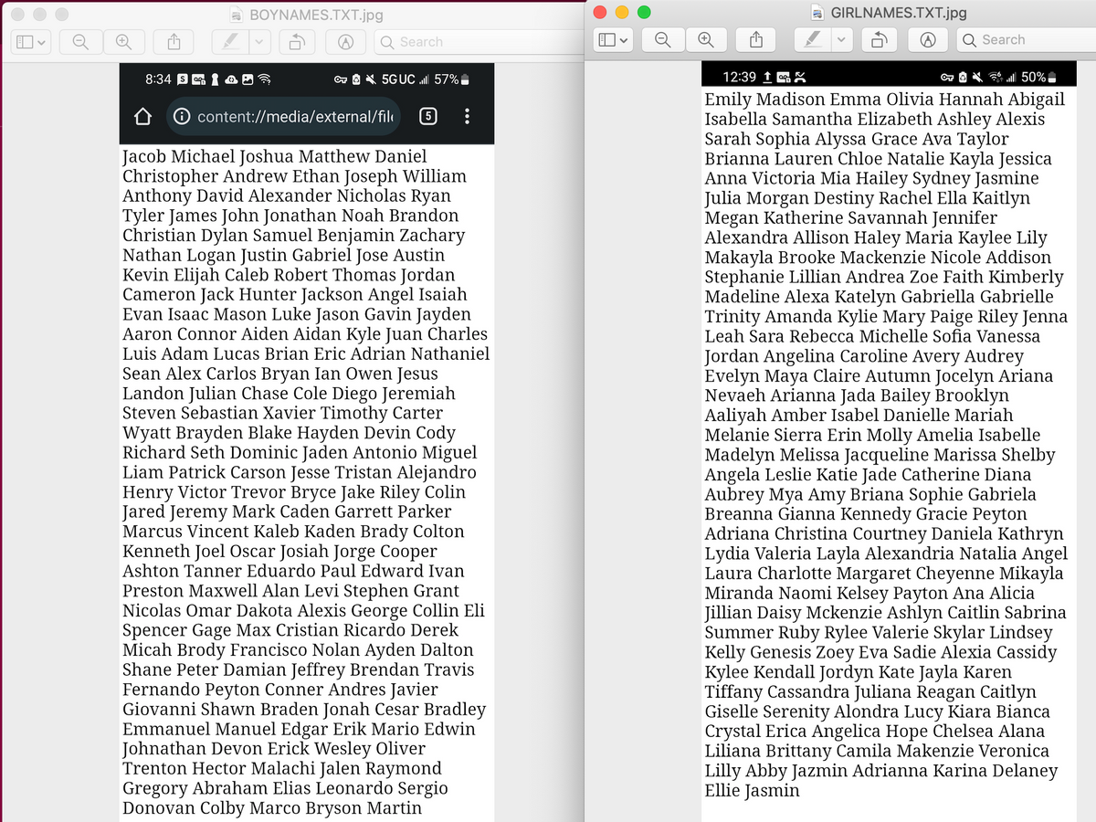 L
8:34 S
BOYNAMES.TXT.jpg
Search
OT5GUC 57%
content://media/external/fil 5
Jacob Michael Joshua Matthew Daniel
Christopher Andrew Ethan Joseph William
Anthony David Alexander Nicholas Ryan
Tyler James John Jonathan Noah Brandon
Christian Dylan Samuel Benjamin Zachary
Nathan Logan Justin Gabriel Jose Austin
Kevin Elijah Caleb Robert Thomas Jordan
Cameron Jack Hunter Jackson Angel Isaiah
Evan Isaac Mason Luke Jason Gavin Jayden
Aaron Connor Aiden Aidan Kyle Juan Charles
Luis Adam Lucas Brian Eric Adrian Nathaniel
Sean Alex Carlos Bryan Ian Owen Jesus
Landon Julian Chase Cole Diego Jeremiah
Steven Sebastian Xavier Timothy Carter
Wyatt Brayden Blake Hayden Devin Cody
Richard Seth Dominic Jaden Antonio Miguel
Liam Patrick Carson Jesse Tristan Alejandro
Henry Victor Trevor Bryce Jake Riley Colin
Jared Jeremy Mark Caden Garrett Parker
Marcus Vincent Kaleb Kaden Brady Colton
Kenneth Joel Oscar Josiah Jorge Cooper
Ashton Tanner Eduardo Paul Edward Ivan
Preston Maxwell Alan Levi Stephen Grant
Nicolas Omar Dakota Alexis George Collin Eli
Spencer Gage Max Cristian Ricardo Derek
Micah Brody Francisco Nolan Ayden Dalton
Shane Peter Damian Jeffrey Brendan Travis
Fernando Peyton Conner Andres Javier
Giovanni Shawn Braden
Cesar Bradley
Emmanuel Manuel Edgar Erik Mario Edwin
Johnathan Devon Erick Wesley Oliver
Trenton Hector Malachi Jalen Raymond
Gregory Abraham Elias Leonardo Sergio
Donovan Colby Marco Bryson Martin
O
GIRLNAMES.TXT.jpg
Search
12:39 1
OT lll 50%
Emily Madison Emma Olivia Hannah Abigail
Isabella Samantha Elizabeth Ashley Alexis
Sarah Sophia Alyssa Grace Ava Taylor
Brianna Lauren Chloe Natalie Kayla Jessica
Anna Victoria Mia Hailey Sydney Jasmine
Julia Morgan Destiny Rachel Ella Kaitlyn
Megan Katherine Savannah Jennifer
Alexandra Allison Haley Maria Kaylee Lily
Makayla Brooke Mackenzie Nicole Addison
Stephanie Lillian Andrea Zoe Faith Kimberly
Madeline Alexa Katelyn Gabriella Gabrielle
Trinity Amanda Kylie Mary Paige Riley Jenna
Leah Sara Rebecca Michelle Sofia Vanessa
Jordan Angelina Caroline Avery Audrey
Evelyn Maya Claire Autumn Jocelyn Ariana
Nevaeh Arianna Jada Bailey Brooklyn
Aaliyah Amber Isabel Danielle Mariah
Melanie Sierra Erin Molly Amelia Isabelle
Madelyn Melissa Jacqueline Marissa Shelby
Angela Leslie Katie Jade Catherine Diana
Aubrey Mya Amy Briana Sophie Gabriela
Breanna Gianna Kennedy Gracie Peyton
Adriana Christina Courtney Daniela Kathryn
Lydia Valeria Layla Alexandria Natalia Angel
Laura Charlotte Margaret Cheyenne Mikayla
Miranda Naomi Kelsey Payton Ana Alicia
Jillian Daisy Mckenzie Ashlyn Caitlin Sabrina
Summer Ruby Rylee Valerie Skylar Lindsey
Kelly Genesis Zoey Eva Sadie Alexia Cassidy
Kylee Kendall Jordyn Kate Jayla Karen
Tiffany Cassandra Juliana Reagan Caitlyn
Giselle Serenity Alondra Lucy Kiara Bianca
Crystal Erica Angelica Hope Chelsea Alana
Liliana Brittany Camila Makenzie Veronica
Lilly Abby Jazmin Adrianna Karina Delaney
Ellie Jasmin