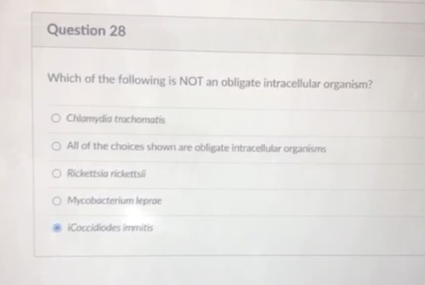 Question 28
Which of the following is NOT an obligate intracellular organism?
O Chlarmydia trachomatis
O All of the choices shown are obligate intracellular organisms
O Rickettsia rickettsi
O Mycobacterium leproe
O iCoccidiodes immitis
