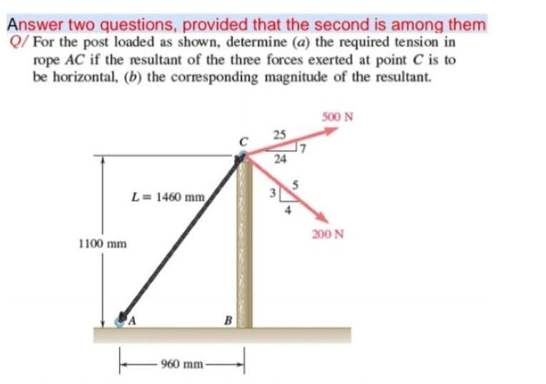 Answer two questions, provided that the second is among them
Q/ For the post loaded as shown, determine (a) the required tension in
rope AC if the resultant of the three forces exerted at point C is to
be horizontal, (b) the corresponding magnitude of the resultant.
500 N
25
24
5
L= 1460 mm
3
200 N
1100 mm
B
960 mm
