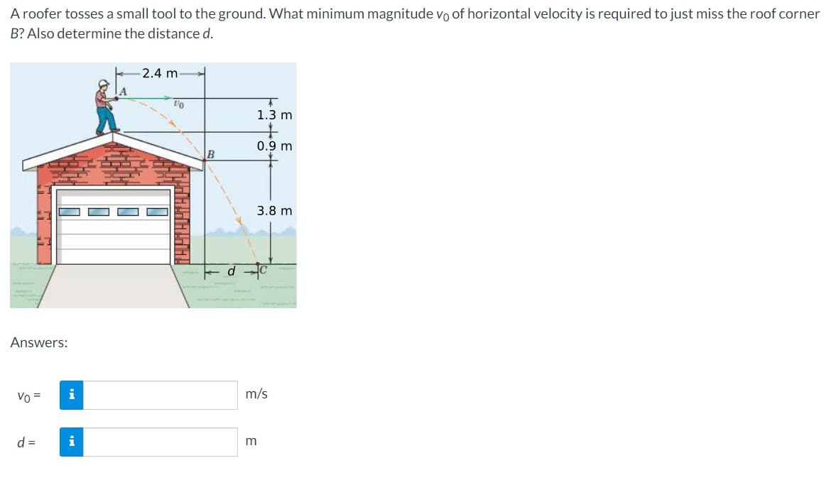 A roofer tosses a small tool to the ground. What minimum magnitude vo of horizontal velocity is required to just miss the roof corner
B? Also determine the distance d.
B
Answers:
Vo =
d =
i
i
-2.4 m
10
LEFTHERI
d
T
1.3 m
0.9 m
3.8 m
m/s
3