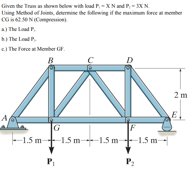 Given the Truss as shown below with load P, = X N and P, = 3X N.
Using Method of Joints, determine the following if the maximum force at member
CG is 62.50 N (Compression).
a.) The Load P,.
b.) The Load P..
c.) The Force at Member GF.
В
D
2 m
A
E
G
-1.5 m-
→-
-1.5 m 1.5 m-
-1.5 m→
P1
P2
