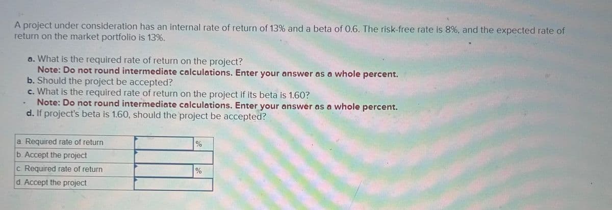 A project under consideration has an internal rate of return of 13% and a beta of 0.6. The risk-free rate is 8%, and the expected rate of
return on the market portfolio is 13%.
a. What is the required rate of return on the project?
Note: Do not round intermediate calculations. Enter your answer as a whole percent.
b. Should the project be accepted?
c. What is the required rate of return on the project if its beta is 1.60?
Note: Do not round intermediate calculations. Enter your answer as a whole percent.
d. If project's beta is 1.60, should the project be accepted?
a. Required rate of return
b. Accept the project
c. Required rate of return
d. Accept the project
%
%