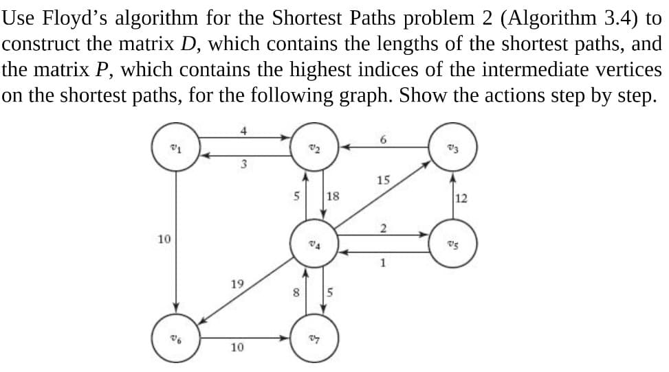 Use Floyd's algorithm for the Shortest Paths problem 2 (Algorithm 3.4) to
construct the matrix D, which contains the lengths of the shortest paths, and
the matrix P, which contains the highest indices of the intermediate vertices
on the shortest paths, for the following graph. Show the actions step by step.
10
4
3
19
10
5
VA
18
8 5
27
6
15
1
12
95