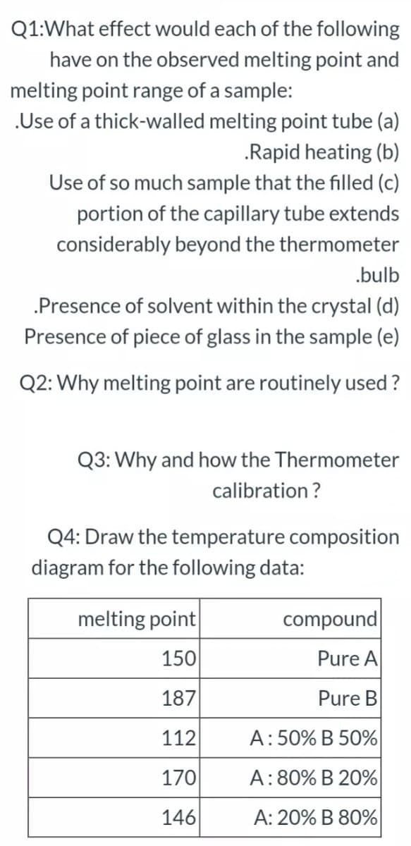 Q1:What effect would each of the following
have on the observed melting point and
melting point range of a sample:
.Use of a thick-walled melting point tube (a)
.Rapid heating (b)
Use of so much sample that the filled (c)
portion of the capillary tube extends
considerably beyond the thermometer
.bulb
.Presence of solvent within the crystal (d)
Presence of piece of glass in the sample (e)
Q2: Why melting point are routinely used ?
Q3: Why and how the Thermometer
calibration ?
Q4: Draw the temperature composition
diagram for the following data:
melting point
compound
150
Pure A
187
Pure B
112
A:50% B 50%
170
A:80% B 20%
146
A: 20% B 80%
