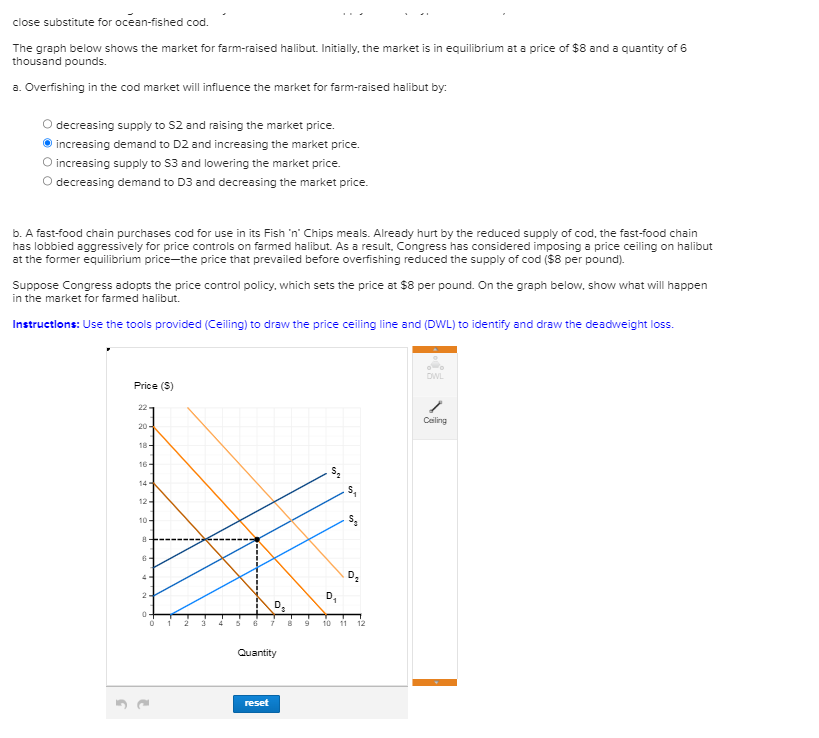 close substitute for ocean-fished cod.
The graph below shows the market for farm-raised halibut. Initially, the market is in equilibrium at a price of $8 and a quantity of 6
thousand pounds.
a. Overfishing in the cod market will influence the market for farm-raised halibut by:
decreasing supply to S2 and raising the market price.
increasing demand to D2 and increasing the market price.
O increasing supply to $3 and lowering the market price.
O decreasing demand to D3 and decreasing the market price.
b. A fast-food chain purchases cod for use in its Fish 'n' Chips meals. Already hurt by the reduced supply of cod, the fast-food chain
has lobbied aggressively for price controls on farmed halibut. As a result, Congress has considered imposing a price ceiling on halibut
at the former equilibrium price-the price that prevailed before overfishing reduced the supply of cod ($8 per pound).
Suppose Congress adopts the price control policy, which sets the price at $8 per pound. On the graph below, show what will happen
in the market for farmed halibut.
Instructions: Use the tools provided (Ceiling) to draw the price ceiling line and (DWL) to identify and draw the deadweight loss.
Price ($)
22
20-
18-
16-
14-
12-
10-
8
Quantity
reset
8 9
entr
D₂₁
O
10 11 12
DWL
Ceiling