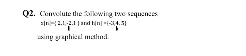 Q2. Convolute the following two sequences
x[n]={ 2,1,-2,1 } and h[n] ={-3,4, 5}
using graphical method.
