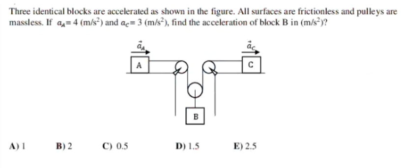 Three identical blocks are accelerated as shown in the figure. All surfaces are frictionless and pulleys are
massless. If a= 4 (m/s²) and ac= 3 (m/s²), find the acceleration of block B in (m/s²)?
A
B
A) 1
C) 0.5
D) 1.5
E) 2.5
2.
