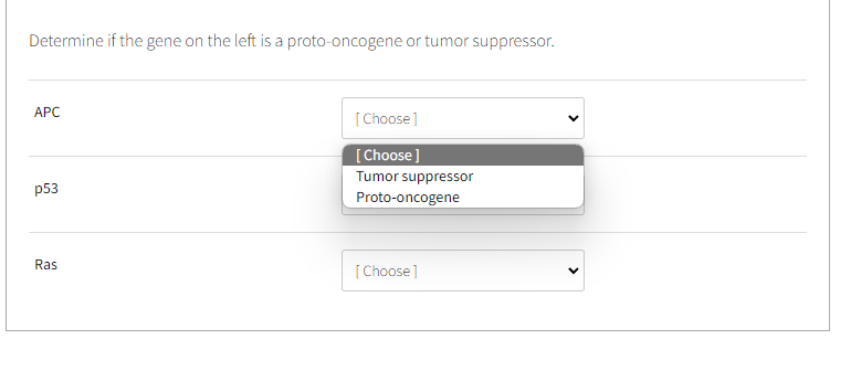 Determine if the gene on the left is a proto-oncogene or tumor suppressor.
APC
p53
Ras
[Choose]
[Choose]
Tumor suppressor
Proto-oncogene
[Choose]