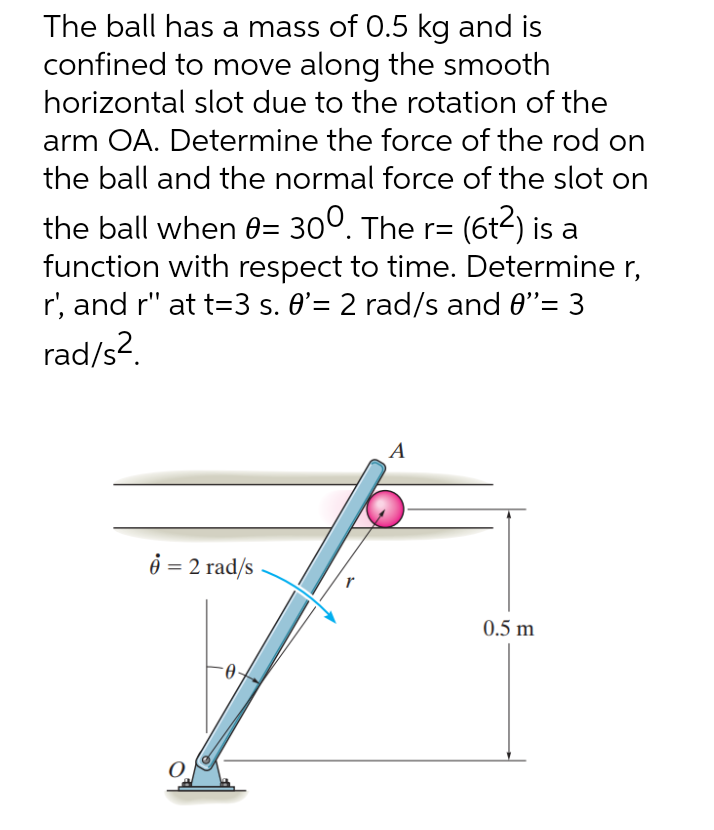 The ball has a mass of 0.5 kg and is
confined to move along the smooth
horizontal slot due to the rotation of the
arm OA. Determine the force of the rod on
the ball and the normal force of the slot on
the ball when 0= 30°. The r=
(6t?) is a
function with respect to time. Determine r,
r', and r" at t=3 s. 0'= 2 rad/s and 0"= 3
rad/s2.
A
ở = 2 rad/s
0.5 m
