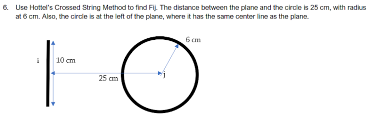 6. Use Hottel's Crossed String Method to find Fij. The distance between the plane and the circle is 25 cm, with radius
at 6 cm. Also, the circle is at the left of the plane, where it has the same center line as the plane.
6 cm
i
10 cm
25 cm

