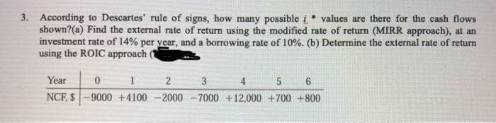 3. According to Descartes' rule of signs, how many possible i* values are there for the cash flows
shown?(a) Find the external rate of return using the modified rate of return (MIRR approach), at an
investment rate of 14% per vear, and a borrowing rate of 10%. (b) Determine the external rate of return
using the ROIC approach
Year
2
3
4
6
NCF, $-9000 +4100 -2000 -7000 +12,000 +700 +800
