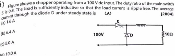 7)
Figure shows a chopper operating from a 100 V dc input. The duty ratio of the main switch
S is 0.8. The load is sufficiently inductive so that the load current is ripple free. The average
current through the diode D under steady state is
(a) 1.6 A
(b) 6.4 A
(c) 8.0 A
(d) 10.0 A
[2004]
wwwww
100V
D
1002