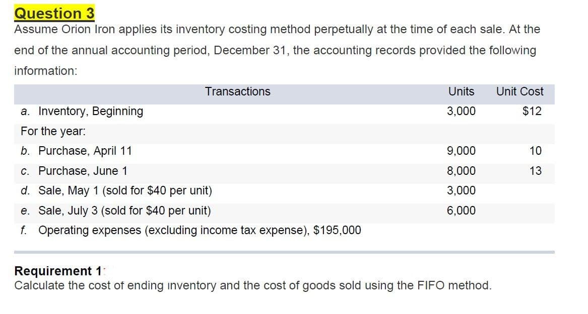 Question 3
Assume Orion Iron applies its inventory costing method perpetually at the time of each sale. At the
end of the annual accounting period, December 31, the accounting records provided the following
information:
a. Inventory, Beginning
For the year:
b. Purchase, April 11
Transactions
Units
Unit Cost
3,000
$12
9,000
10
c. Purchase, June 1
d. Sale, May 1 (sold for $40 per unit)
e. Sale, July 3 (sold for $40 per unit)
8,000
13
13
3,000
6,000
f. Operating expenses (excluding income tax expense), $195,000
Requirement 1
Calculate the cost of ending inventory and the cost of goods sold using the FIFO method.