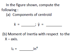 In the figure shown, compute the
following :
(a) Components of centroid
; =
(b) Moment of Inertia with respect to the
X- axis.
Ix =
in
:X
