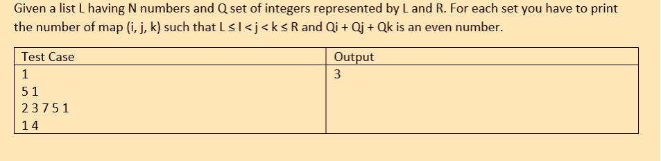 Given a list L having N numbers and Q set of integers represented by L and R. For each set you have to print
the number of map (i, j, k) such that L≤I <j <k≤R and Qi + Qj + Qk is an even number.
Test Case
1
51
23751
14
Output
3