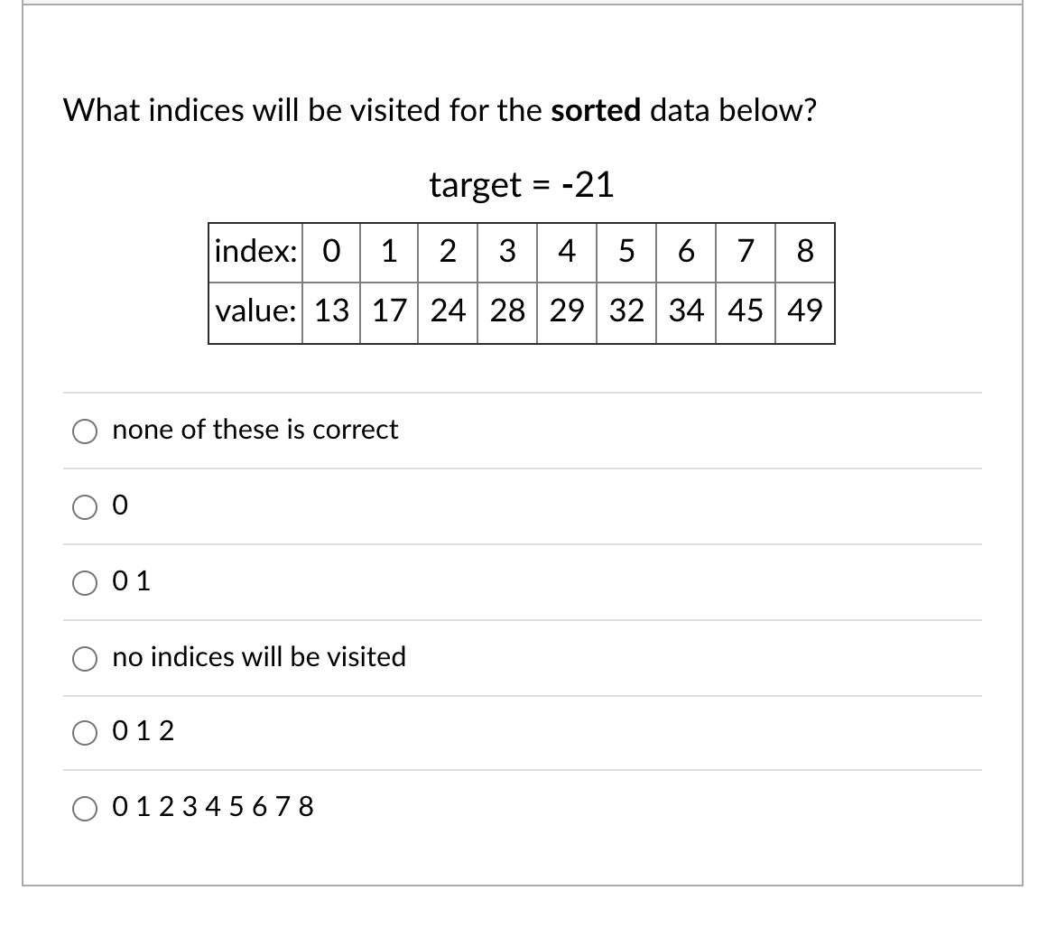 What indices will be visited for the sorted data below?
target = -21
%D
0 1 2
3 4 5
6 7
index:
8
value: 13 17 24 28 29 32 34 45 49
none of these is correct
0 1
no indices will be visited
012
O 01234 5 67 8
