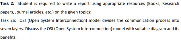Task 2: Student is required to write a report using appropriate resources (Books, Research
papers, Journal articles, etc.) on the given topics:
Task 2a: OSI (Open System Interconnection) model divides the communication process into
seven layers. Discuss the OSI (Open System Interconnection) model with suitable diagram and its
benefits.
