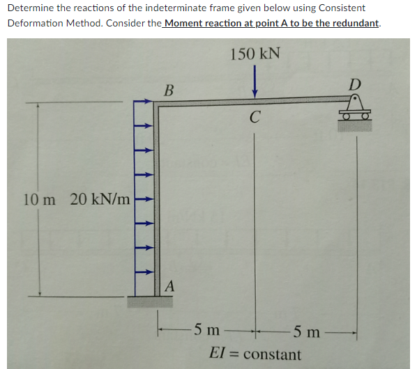 Determine the reactions of the indeterminate frame given below using Consistent
Deformation Method. Consider the Moment reaction at point A to be the redundant.
150 kN
B
D
C
10 m 20 kN/m
A
-5 m
-5m-
El= constant