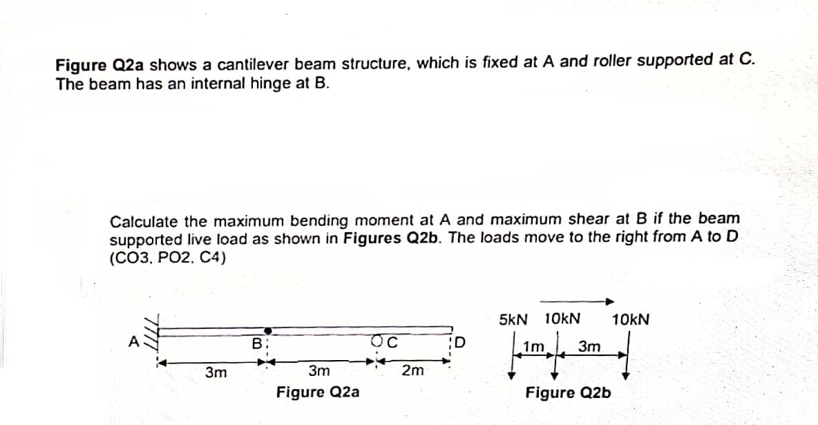 Figure Q2a shows a cantilever beam structure, which is fixed at A and roller supported at C.
The beam has an internal hinge at B.
Calculate the maximum bending moment at A and maximum shear at B if the beam
supported live load as shown in Figures Q2b. The loads move to the right from A to D
(CO3, PO2, C4)
3m
B:
3m
Figure Q2a
C
2m
D
5kN 10kN 10KN
1m
3m
Figure Q2b