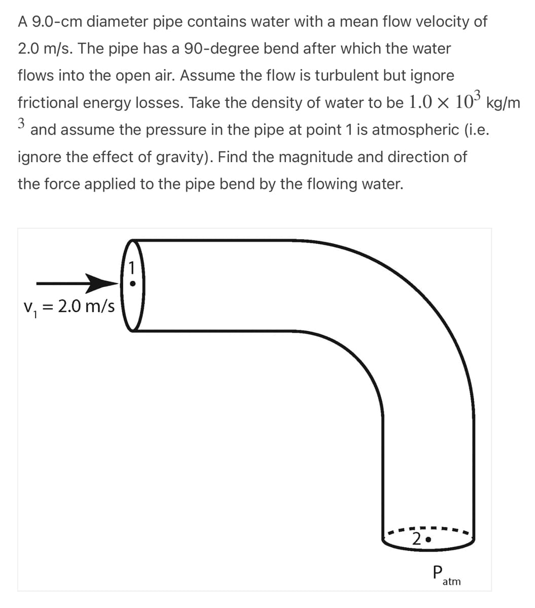 A 9.0-cm diameter pipe contains water with a mean flow velocity of
2.0 m/s. The pipe has a 90-degree bend after which the water
flows into the open air. Assume the flow is turbulent but ignore
frictional energy losses. Take the density of water to be 1.0 × 10³ kg/m
3 and assume the pressure in the pipe at point 1 is atmospheric (i.e.
ignore the effect of gravity). Find the magnitude and direction of
the force applied to the pipe bend by the flowing water.
V₁ 2.0 m/s
=
2
P atm